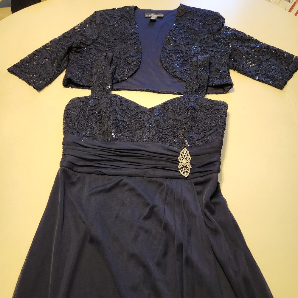 R&M NAVY BLUE MAXI DRESS WITH SEQUIN BOLERO JACKET 8P